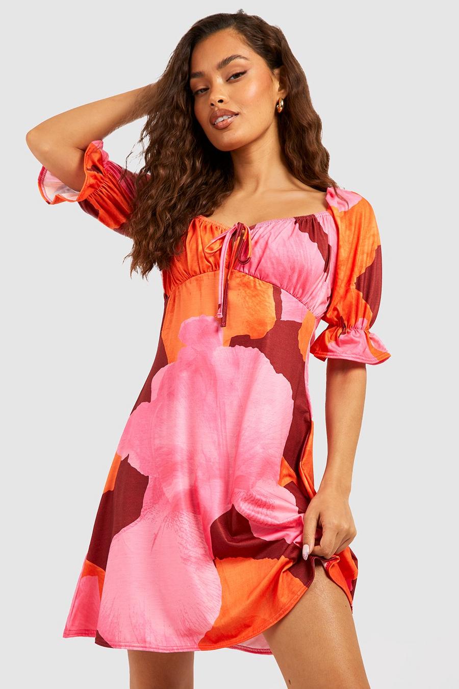 Kleid mit abstraktem Print und Puffärmeln, Pink image number 1