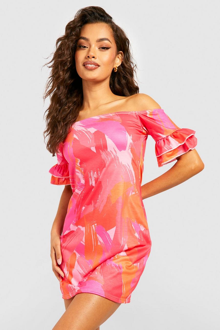 Vestido recto con escote barco y estampado abstracto, Pink image number 1