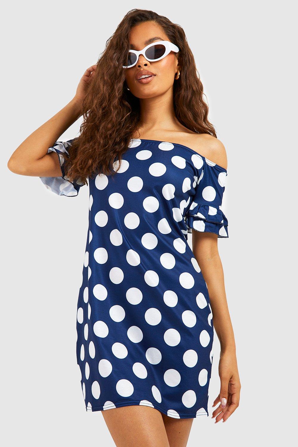 boohoo Polka Dot Off The Shoulder Shift Dress - Blue - Size 2