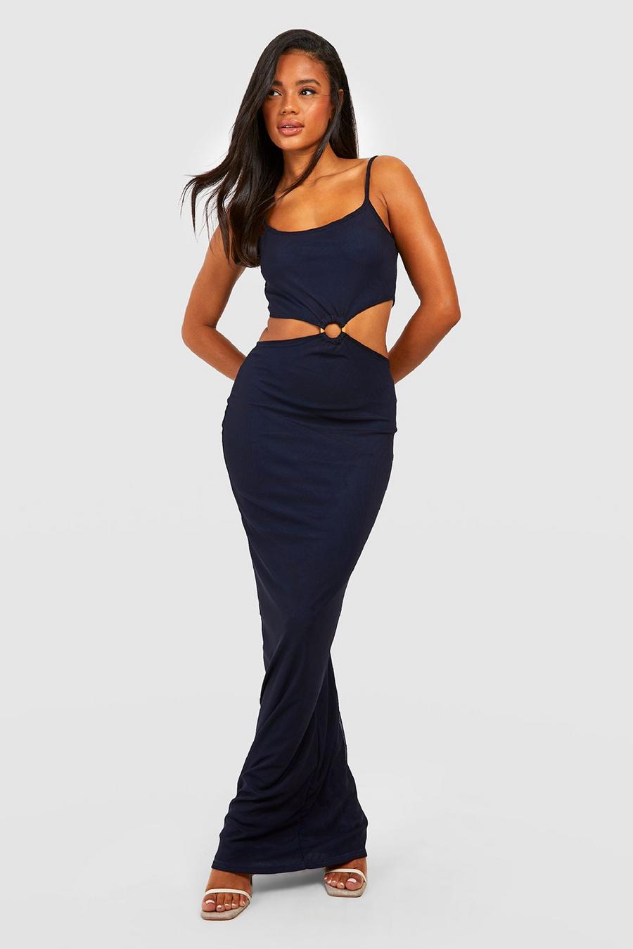 Navy Ring Detail Mesh Maxi Dress