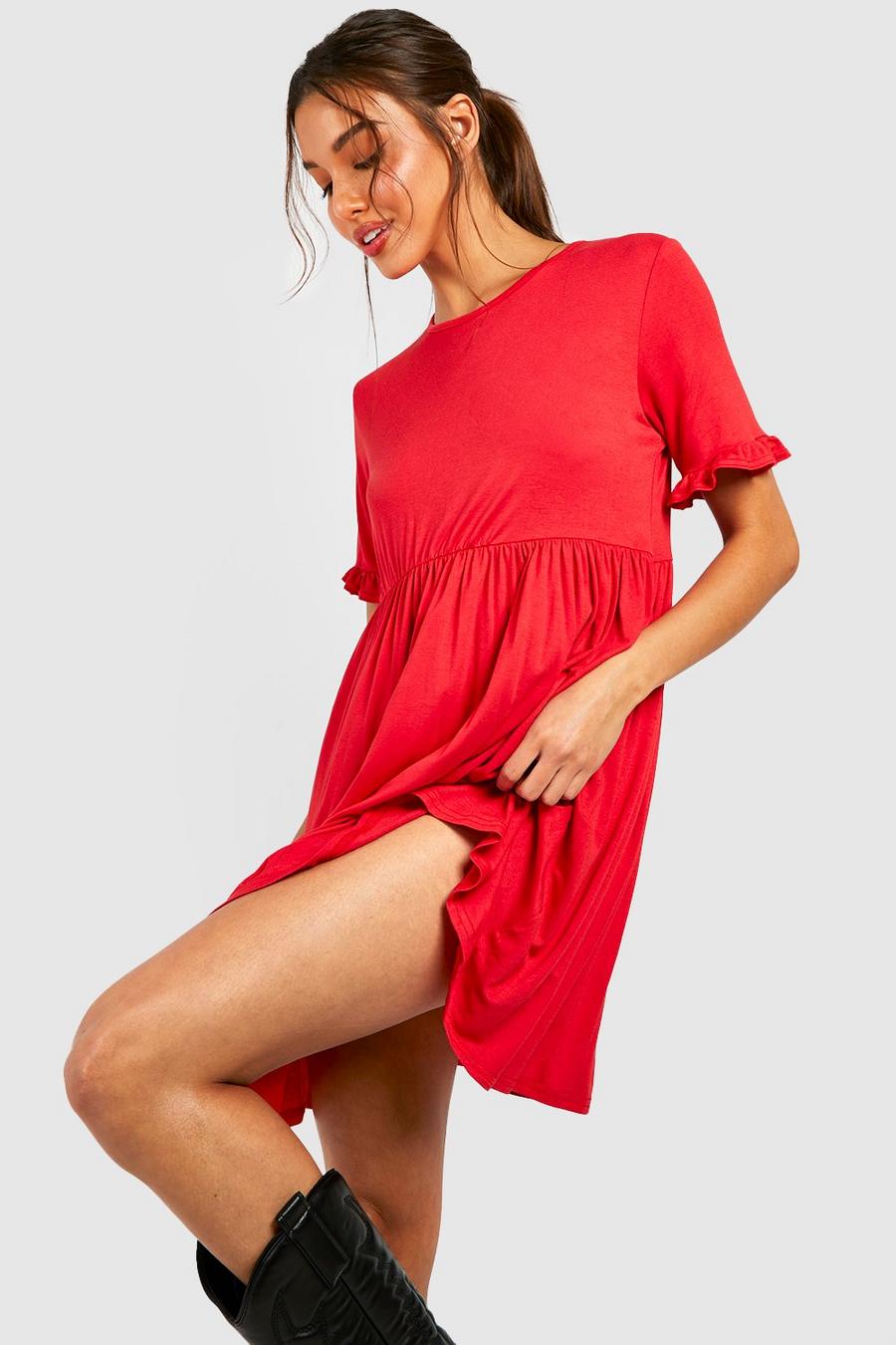 Red Ruffle Sleeve Smock Dress image number 1