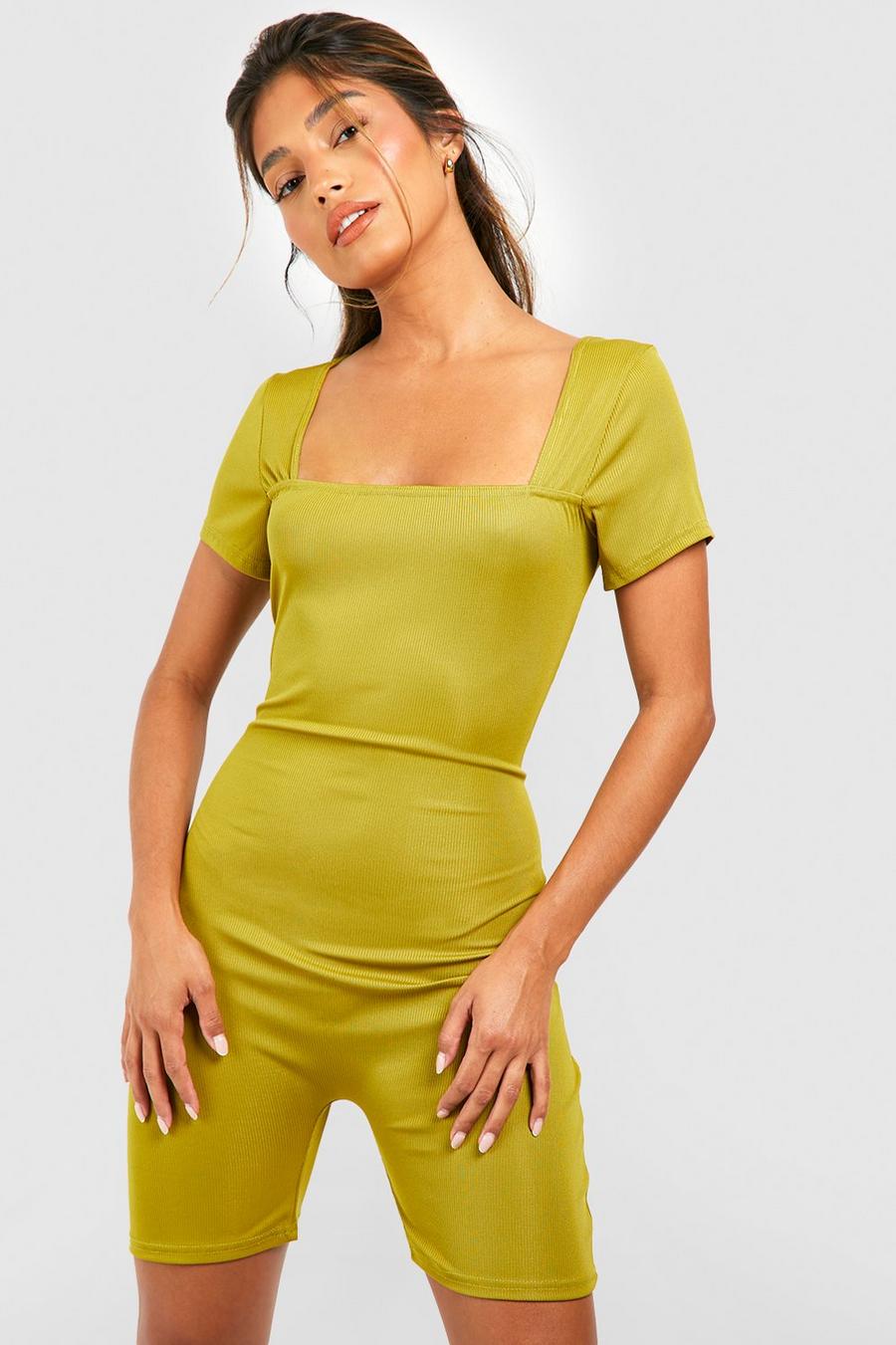 Chartreuse yellow Rib Square Neck Capped Sleeve Unitard  