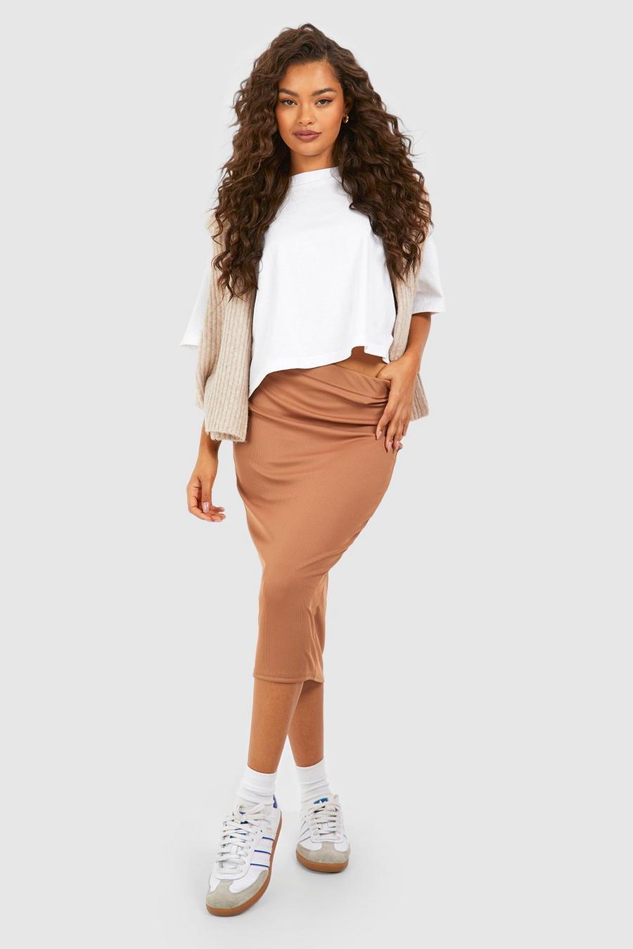 Camel Bodycon Ribbed Midi Skirt image number 1