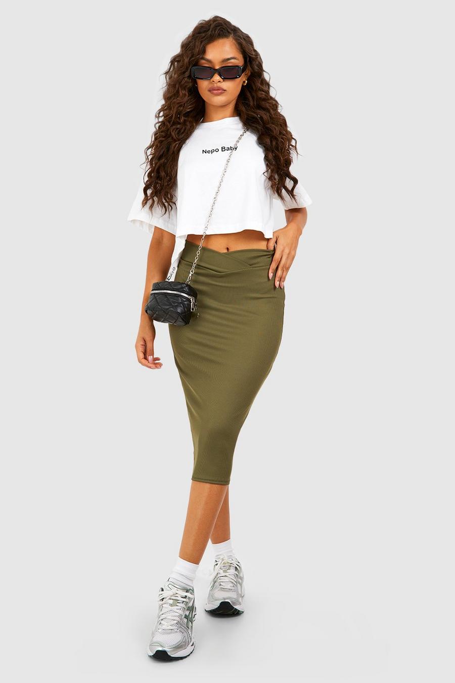 Khaki V Waistband Midi Skirt image number 1