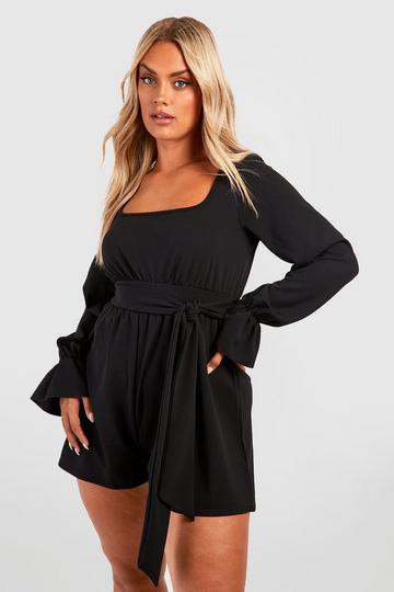 Black Plus Scuba Crepe Tie Belt Ruffle Cuff Romper