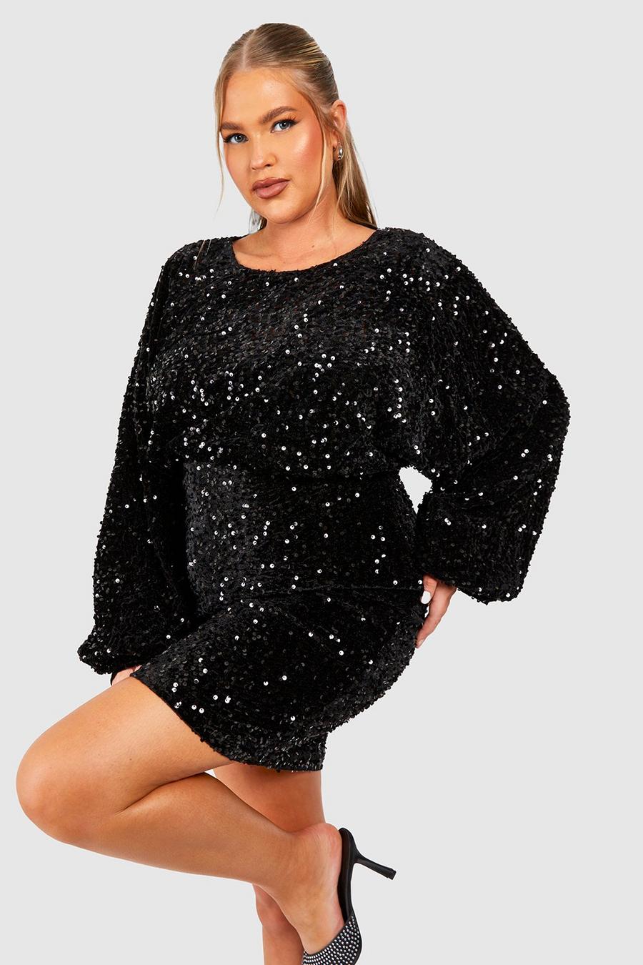 Black Plus Oversized Blouson Sleeve Sequin Mini Dress image number 1