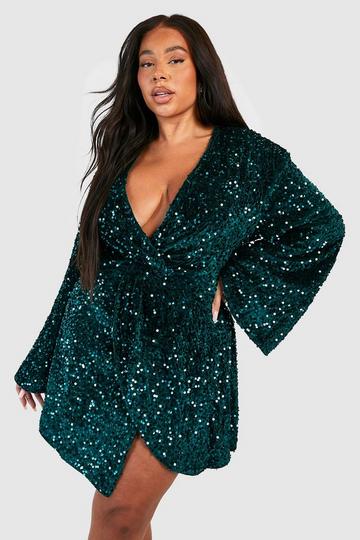 Plus Sequin Velvet Twist Front Dress green