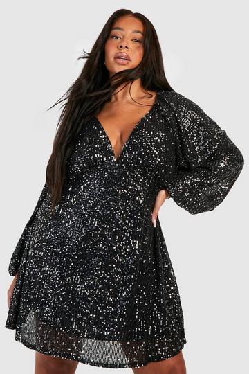 Black Plus Sequin Blouson Sleeve Smock Dress