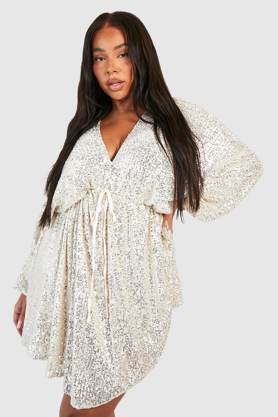 Champagne Plus Sequin Blouson Sleeve Ruffle Smock Dress image number 1