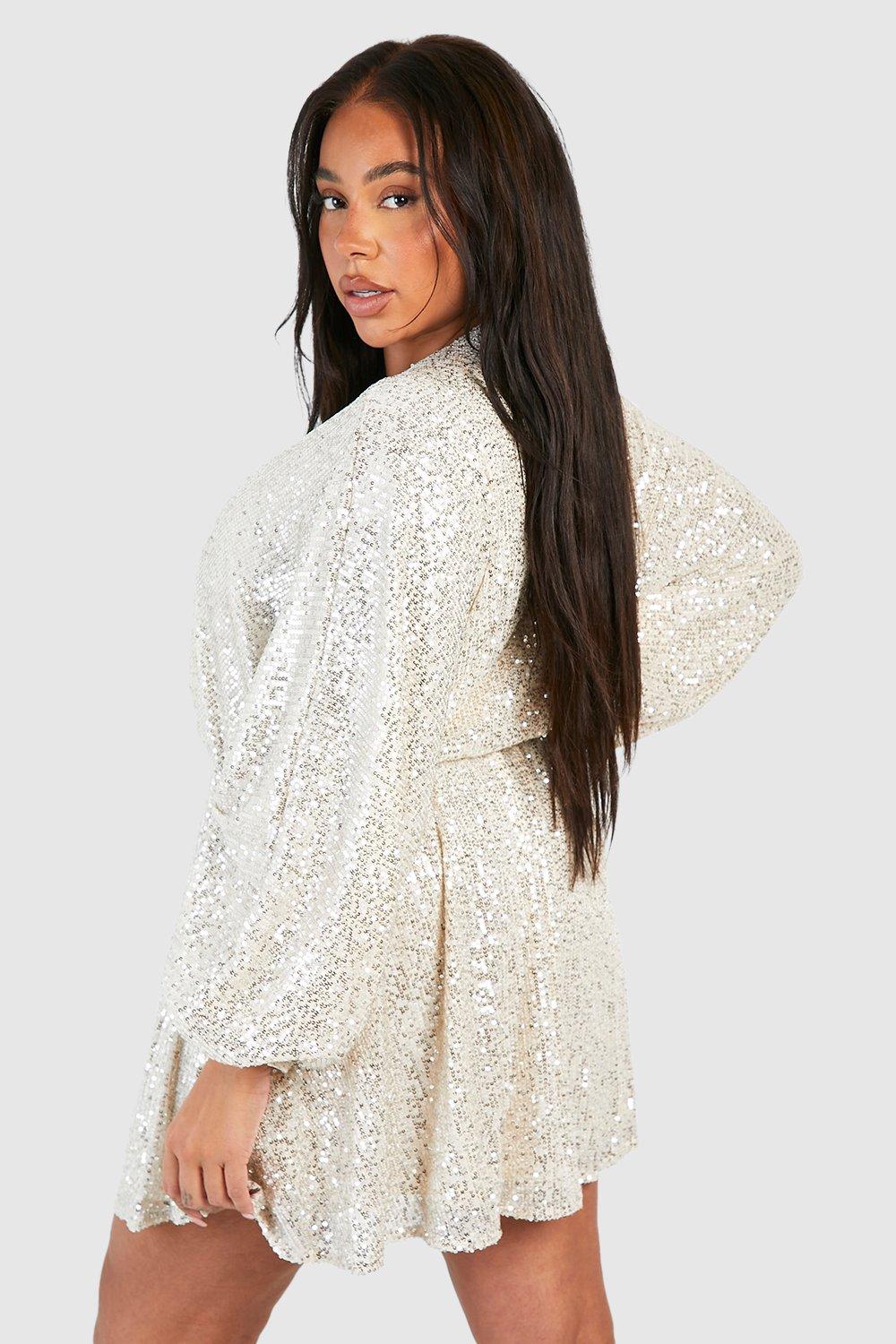 Plus Sequin Blouson Sleeve Ruffle Smock Dress