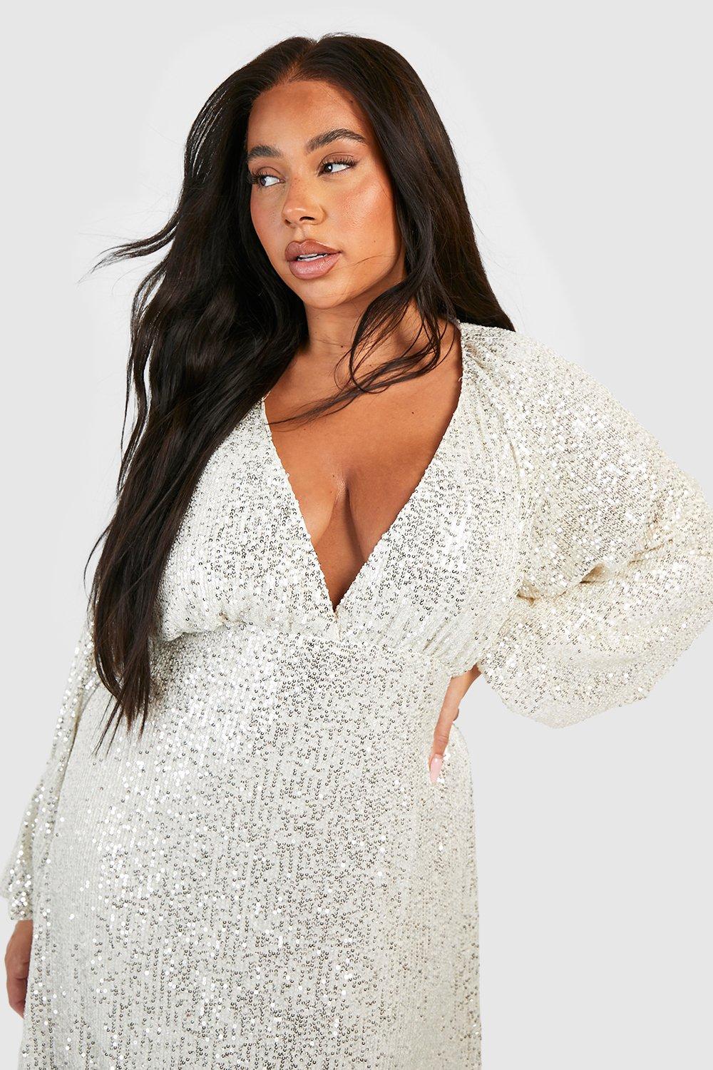 Plus Sequin Blouson Sleeve Smock Dress