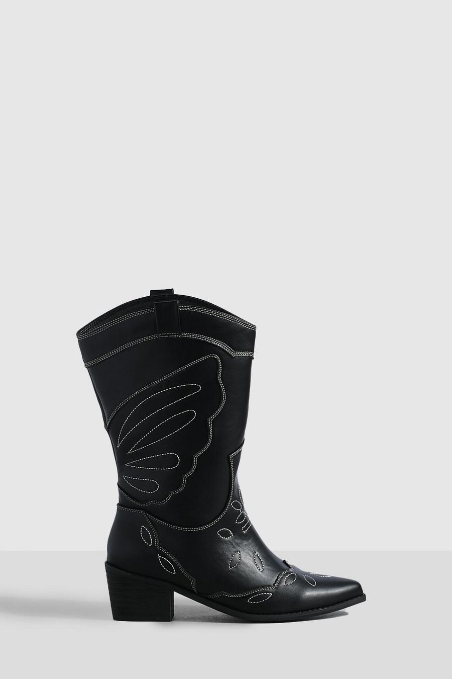 Black Wide Fit Contrast Stitch Western Cowboy Boots