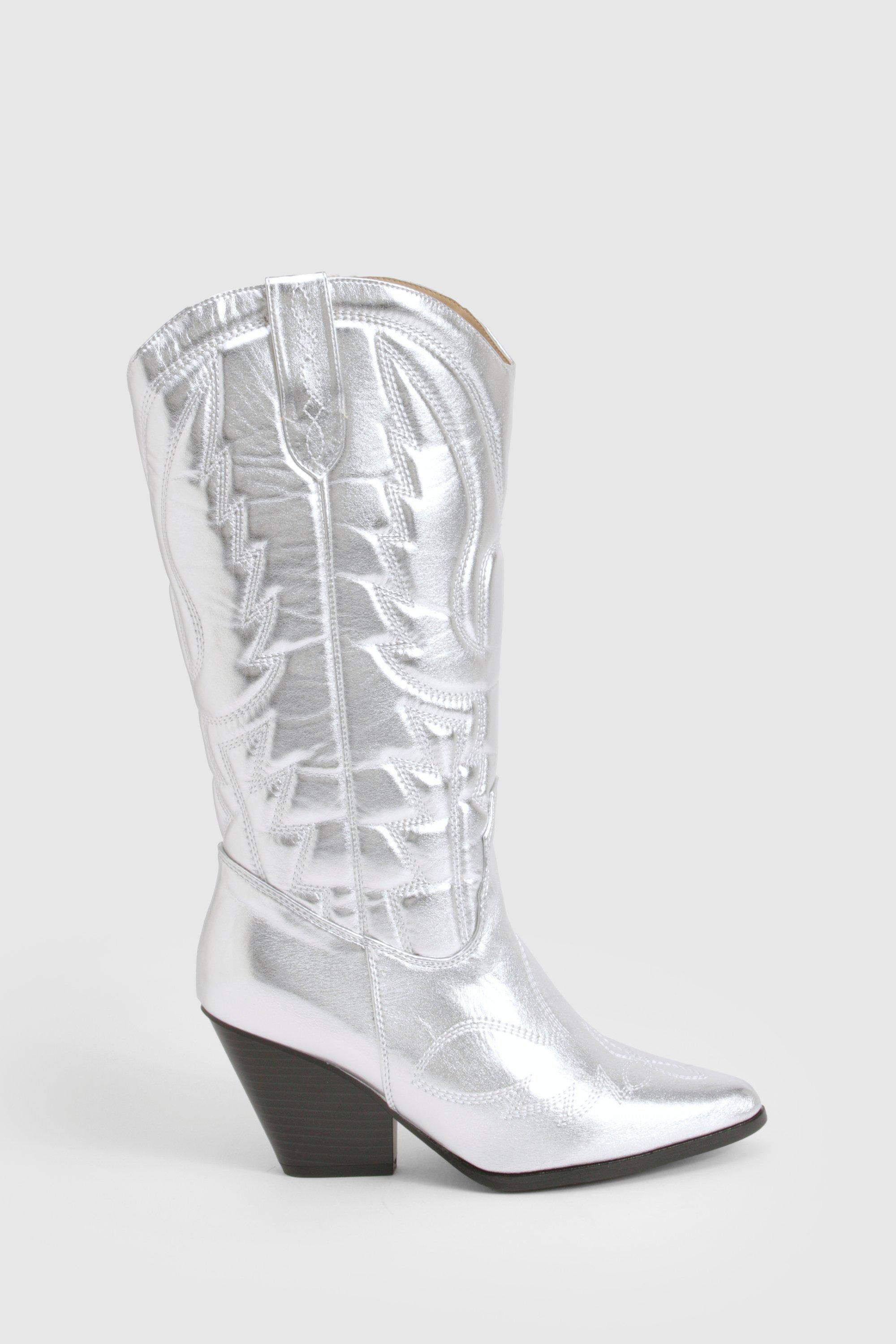 Wide Fit Metallic Knee High Western Cowboy Boots boohoo UK