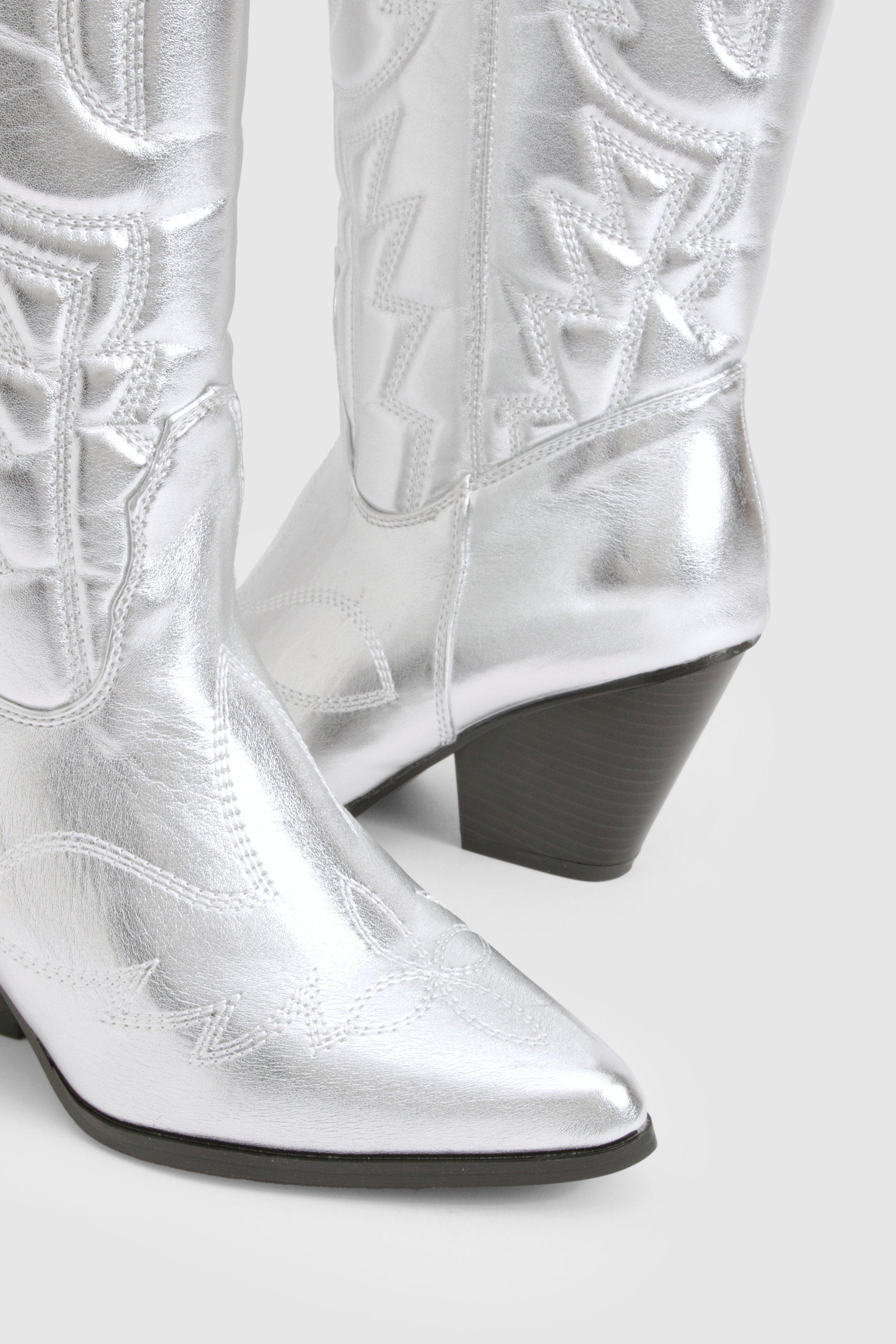 Wide Width Metallic Knee High Western Cowboy Boots | boohoo USA