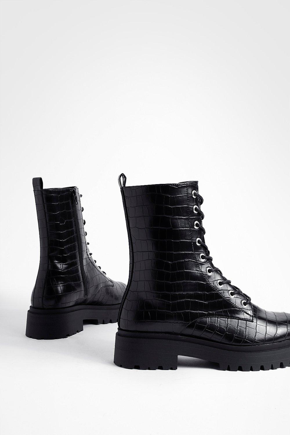 Black chunky croc embossed ankle boots sale