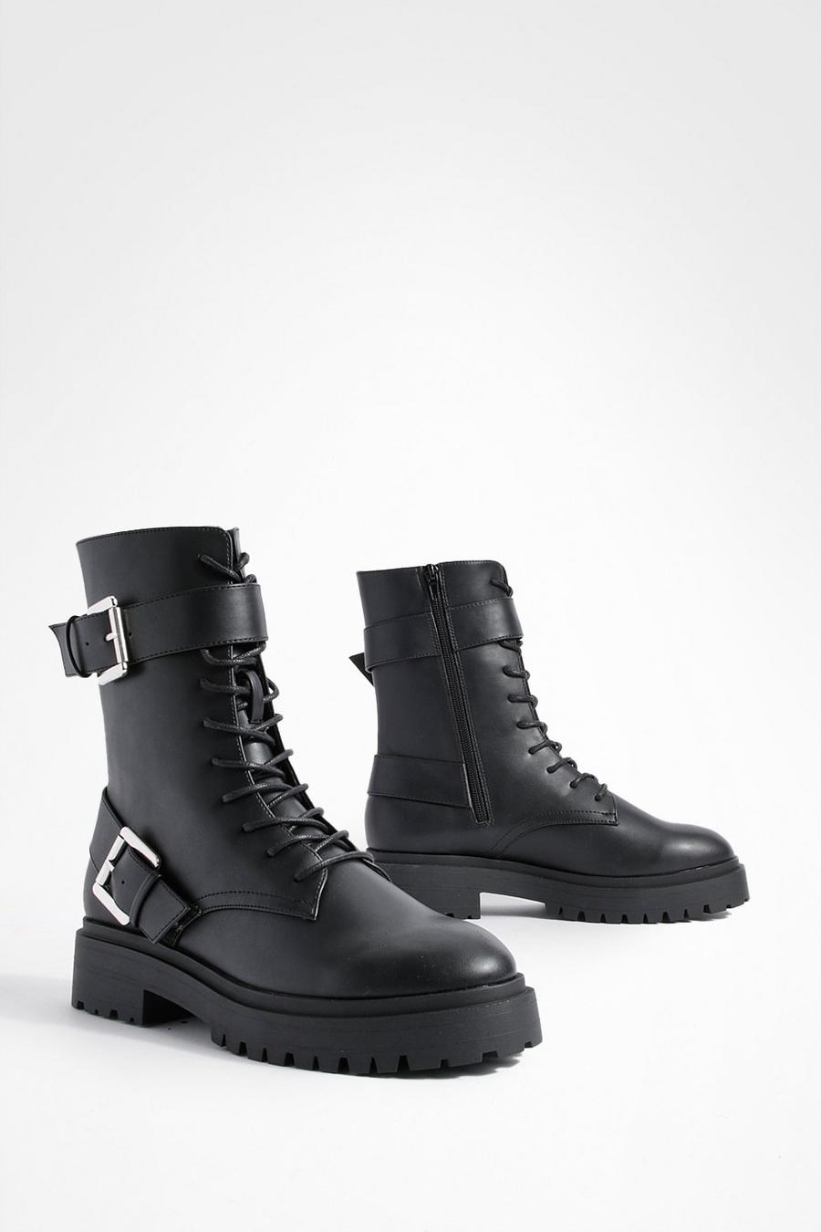 Black Wide Fit Buckle Chunky Lace Up Hiker Boots image number 1
