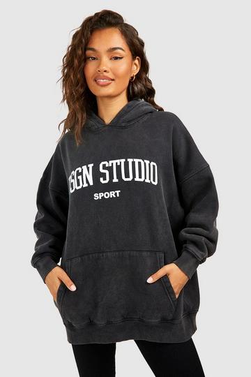 Dsgn Studio Sport Slogan Overdyed Oversized Hoodie charcoal