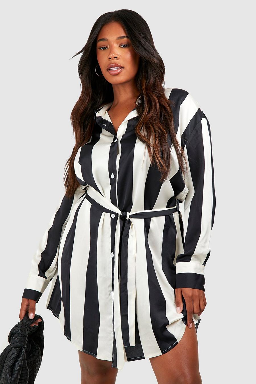 Black Plus Striped Belted Satin Shirt Dress