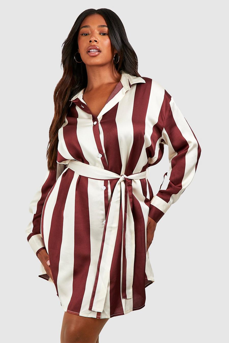 Brown brun Plus Striped Belted Satin Shirt Dress image number 1