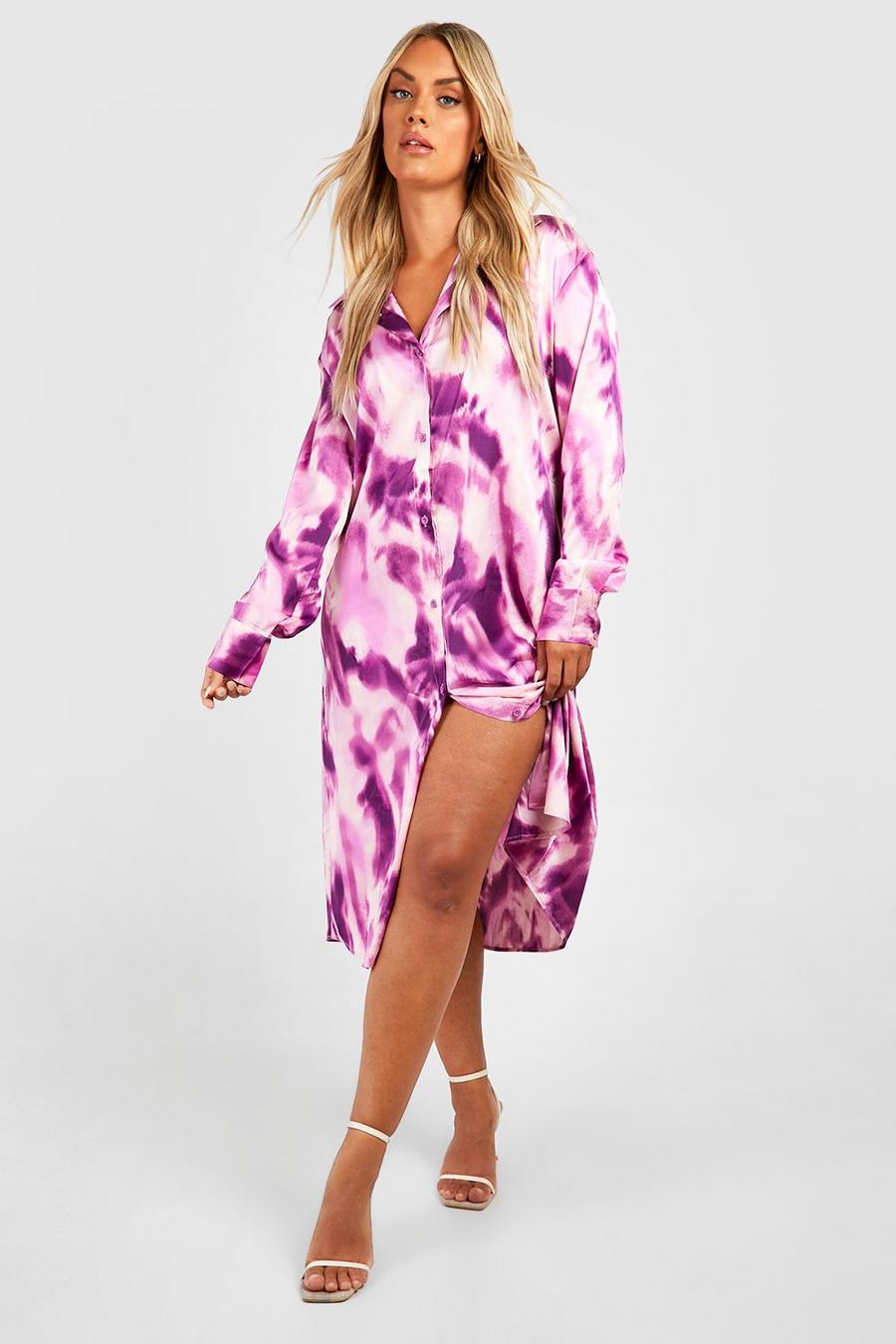 Purple Plus Abstract Print Satin Midi Shirt Dress