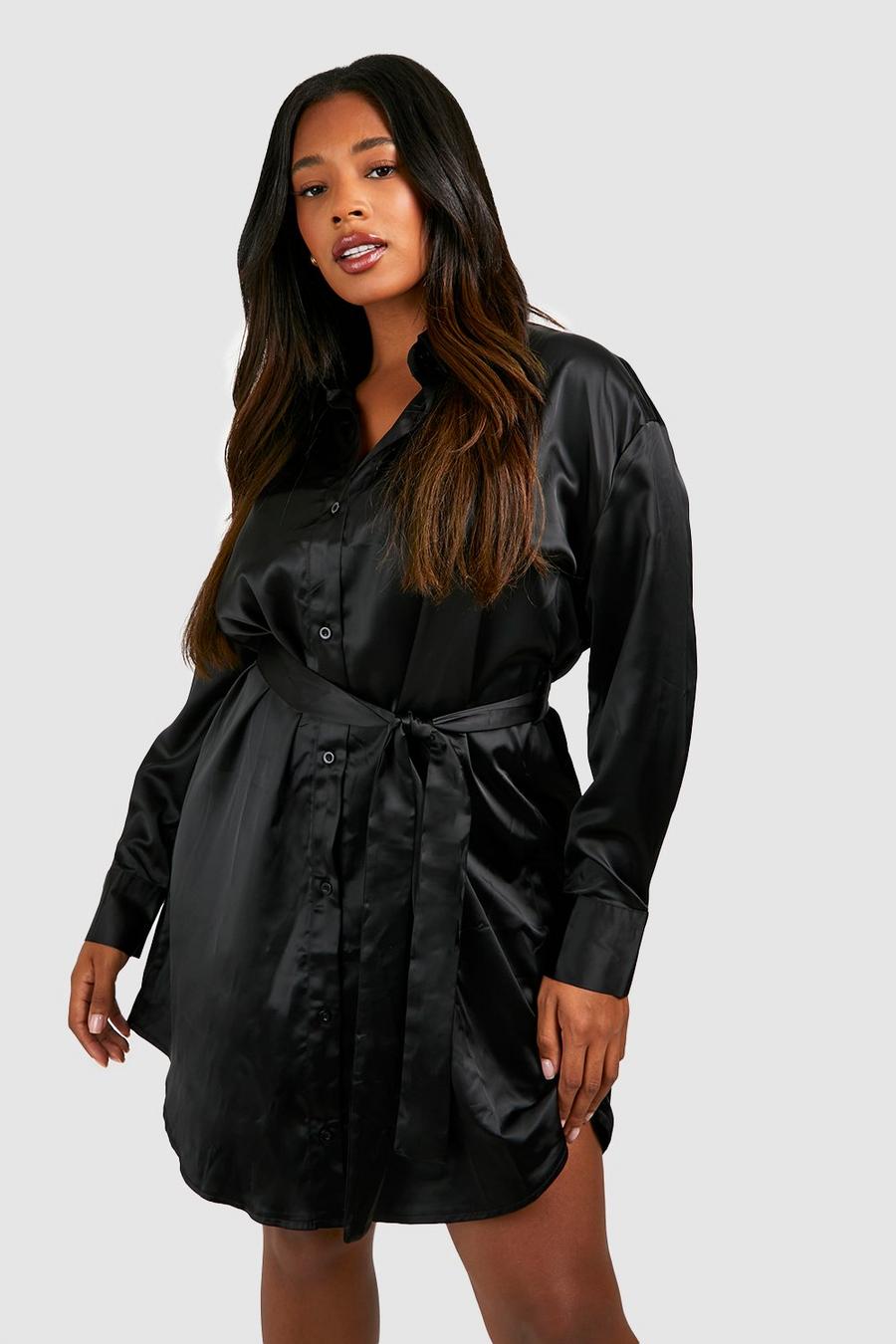 Black Plus Skjortklänning i satin med knytskärp image number 1