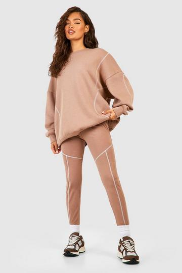 Oversized Trui Met Contrasterende Stiksels En Leggings Set taupe