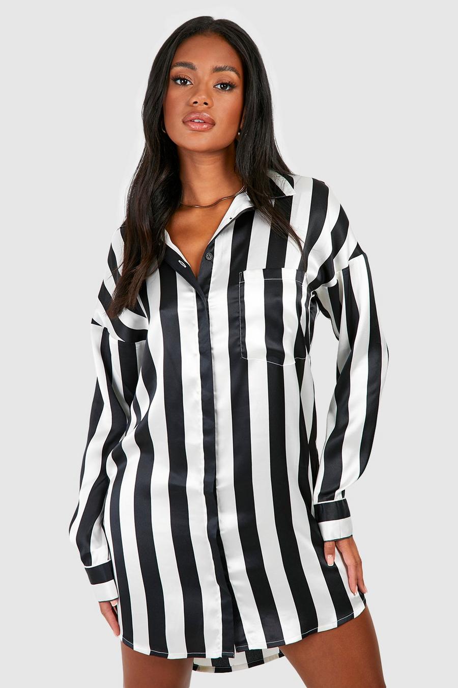 Oversized Striped Satin Shirt Dresses