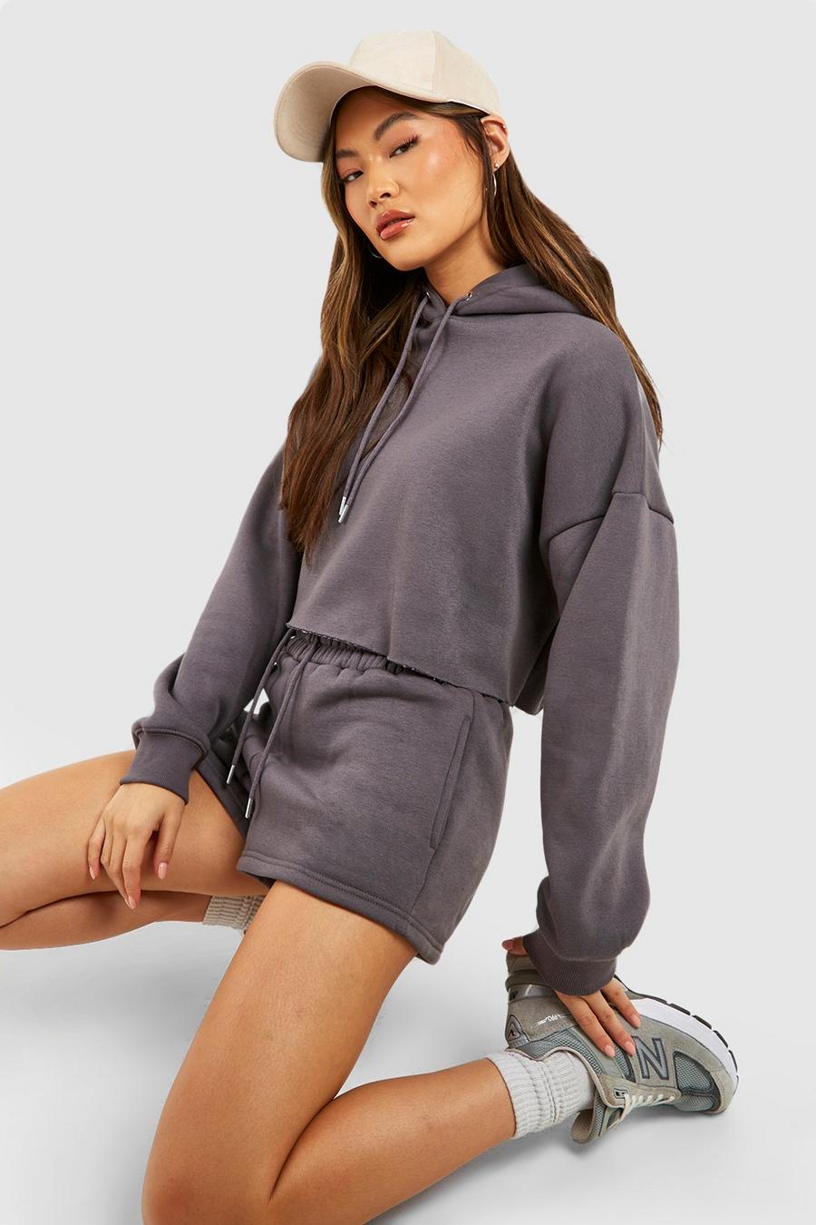Charcoal Kort hoodie med rå kant