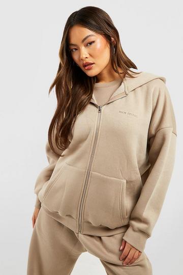 Stone Beige Oversized Zip Through Hoodie