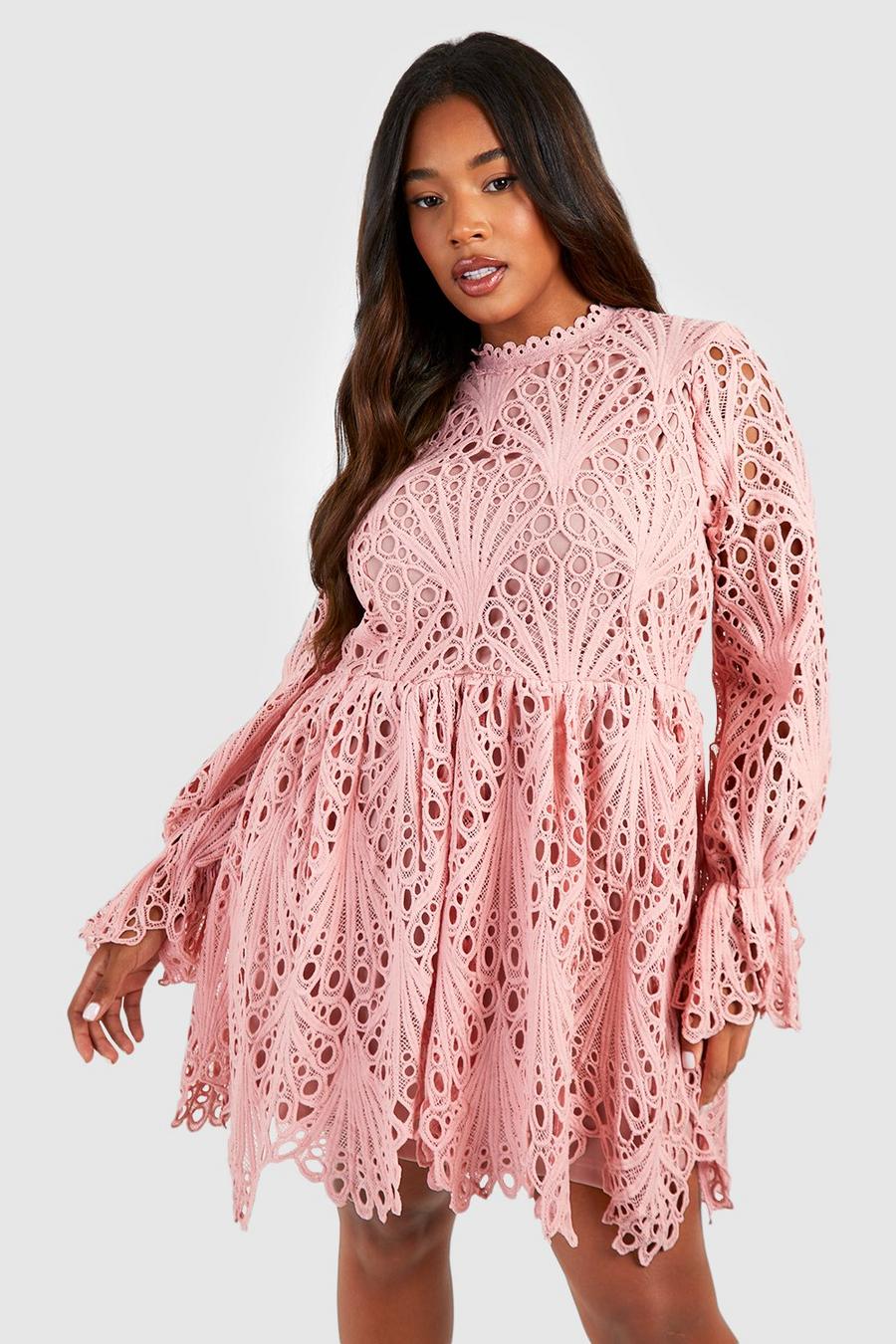 Blush pink Plus Flared Sleeve Lace Skater Dress 