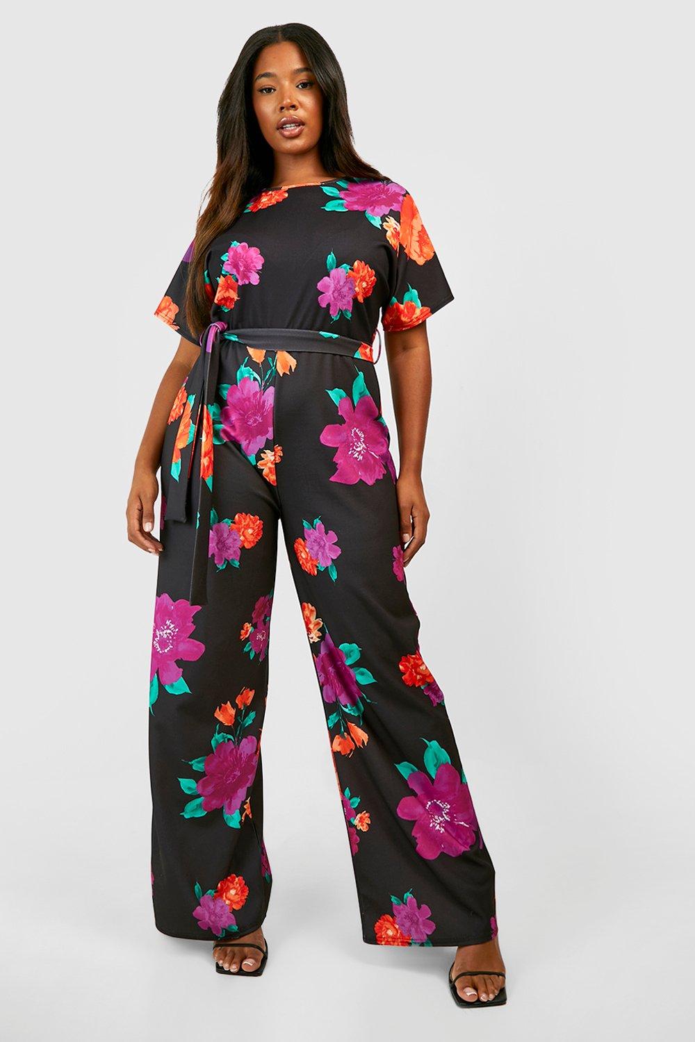 Plus Floral Print Belted Wide Leg Jumpsuit