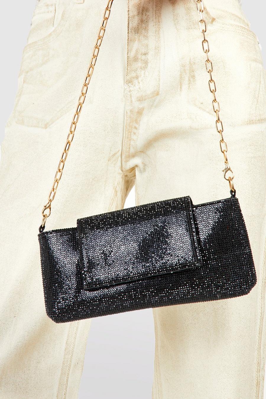 Black svart Diamante Chain Strap Shoulder Bag 