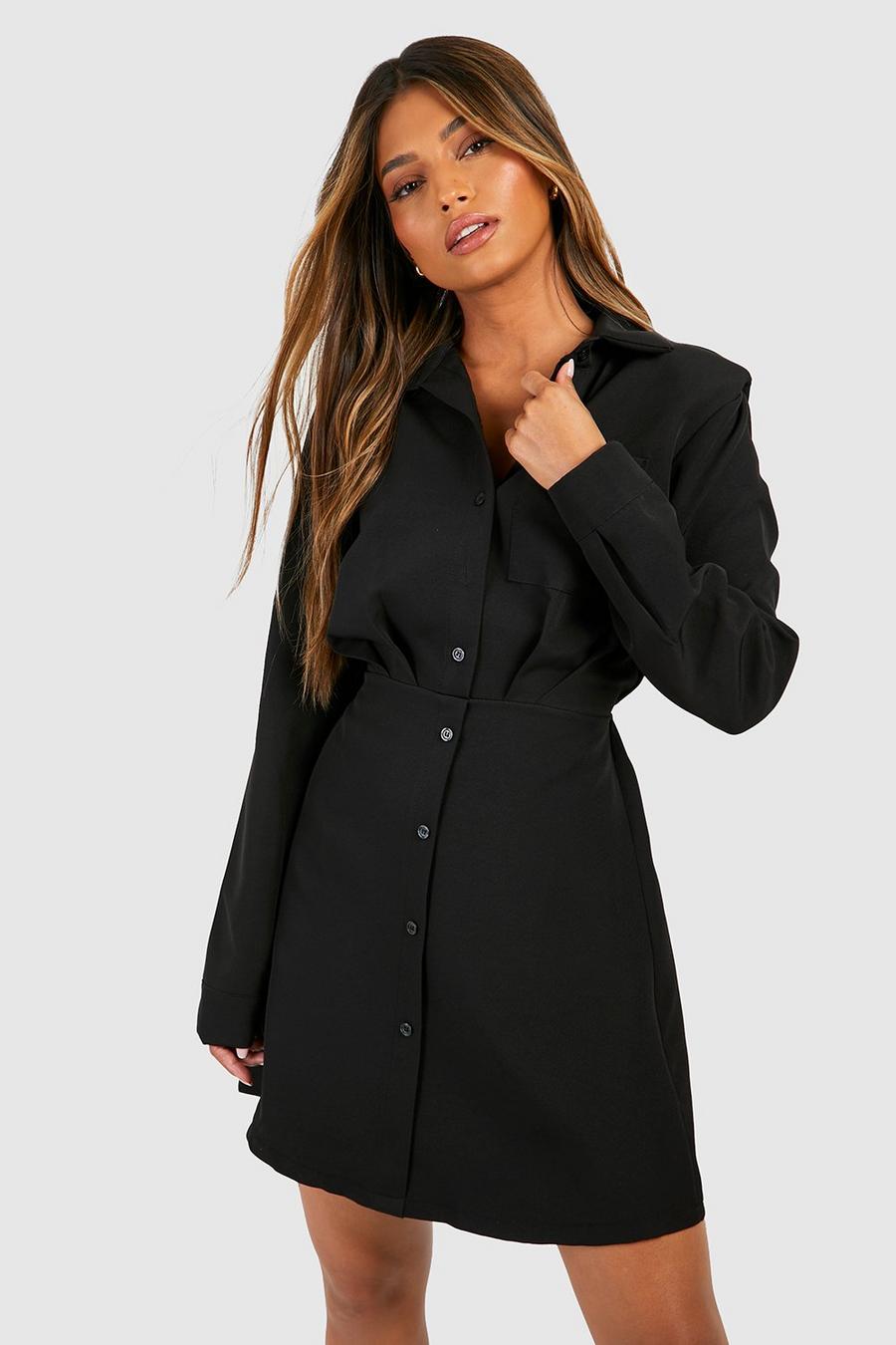 Black Shoulder Pad Pocket Detail Tailored Shirt Dress