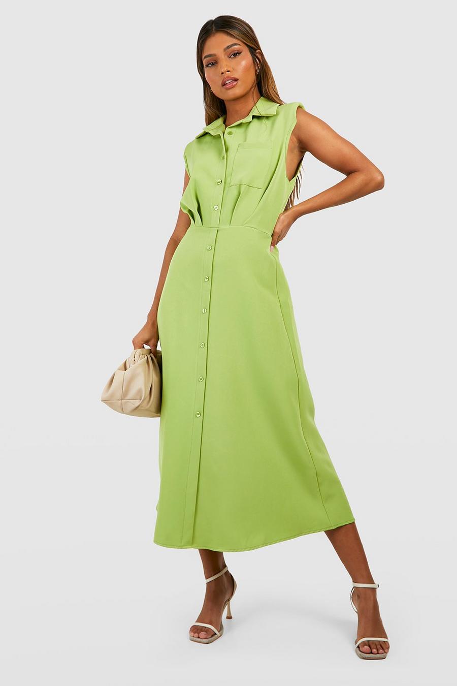Olive green Shoulder Pad Pocket Detail Tailored Midi Shirt Dress