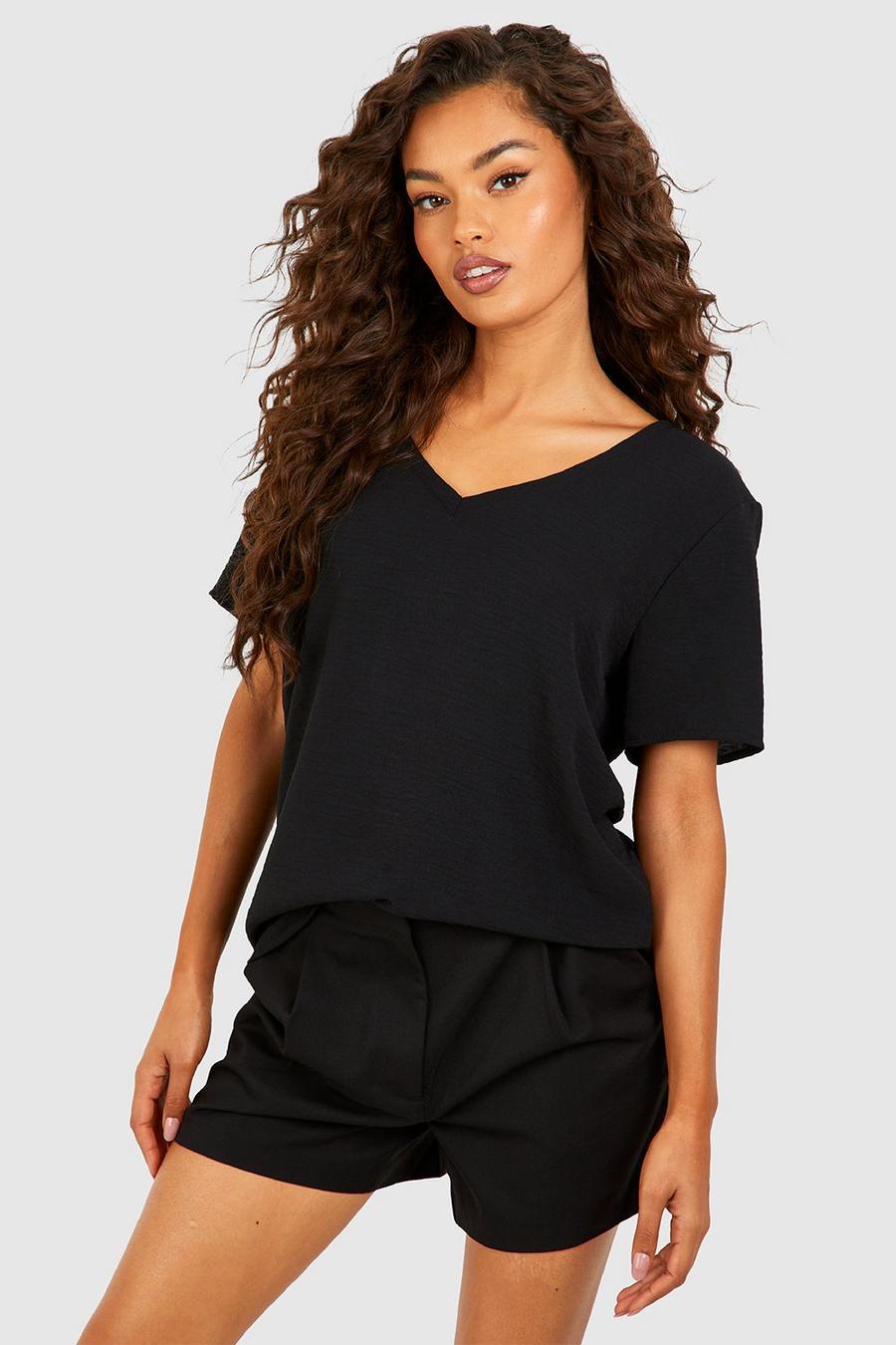 Black Relaxed Fit V Neck Woven T Shirt image number 1
