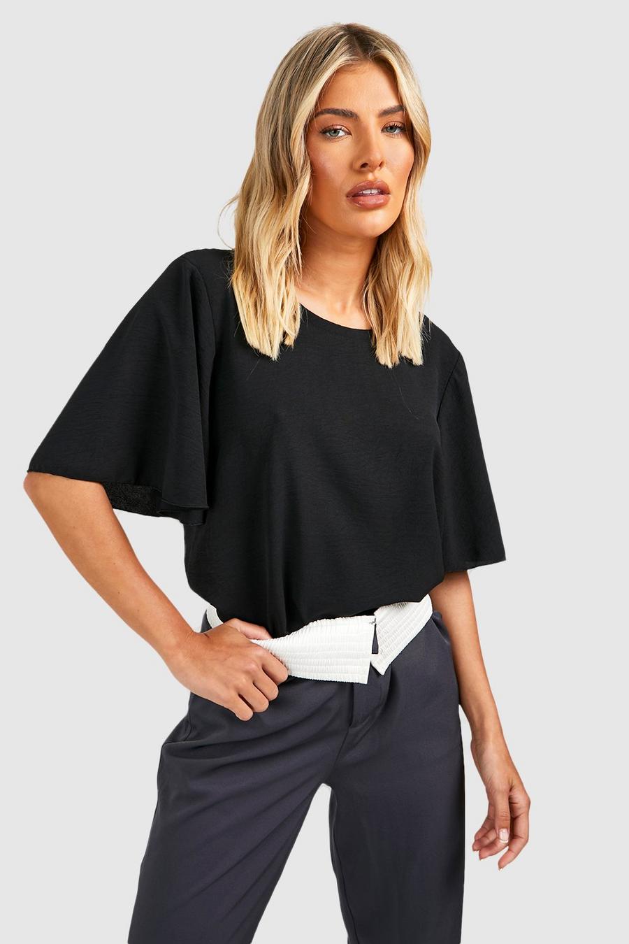 Black Relaxed Fit Flared Sleeve Woven T Shirt image number 1