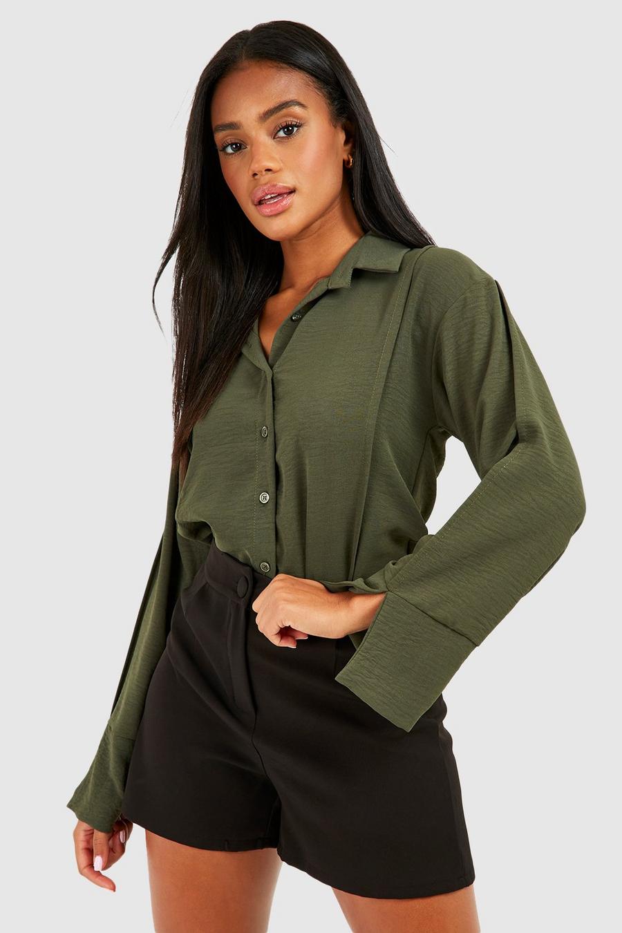 Khaki Hammered Split Cuff Relaxed Fit Shirt image number 1