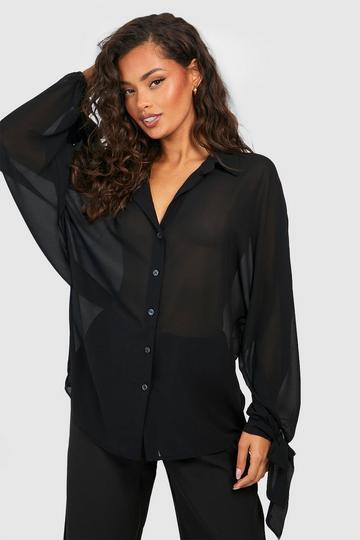 Lightweight Woven Tie Cuff Balloon Sleeve Blouse black