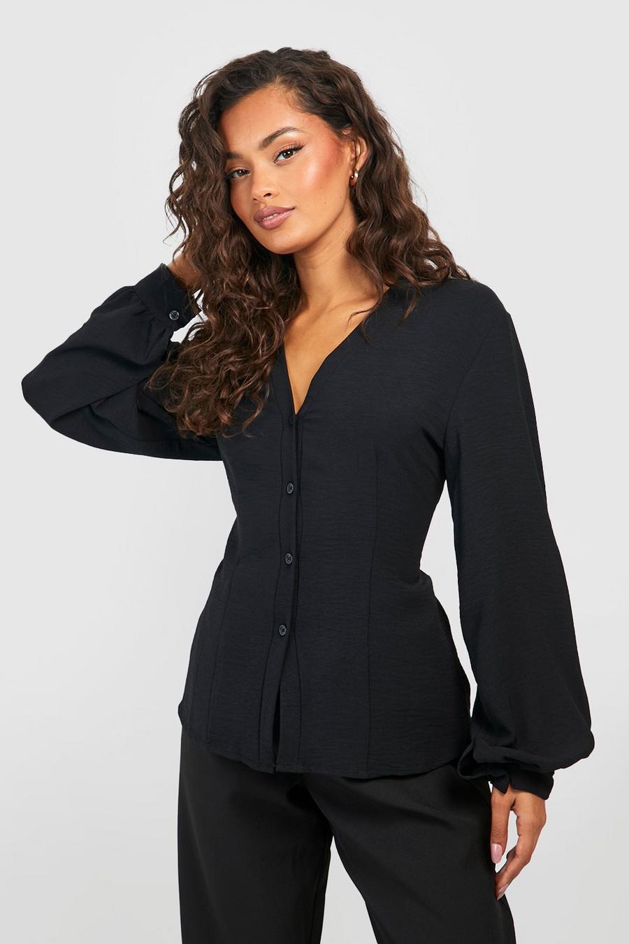 Black Hammered Puff Sleeve Fitted Blouse image number 1