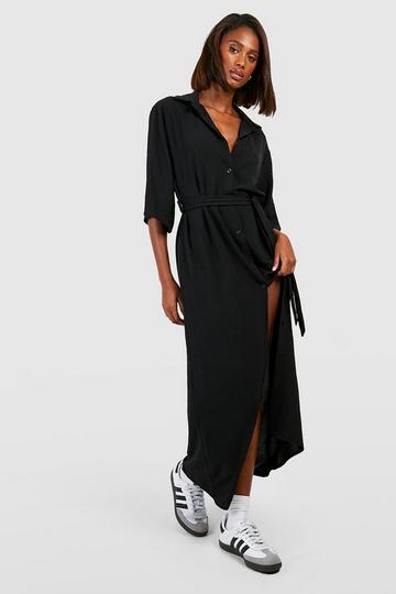 Black Hammered Half Sleeve Belted Midaxi Shirt Dress