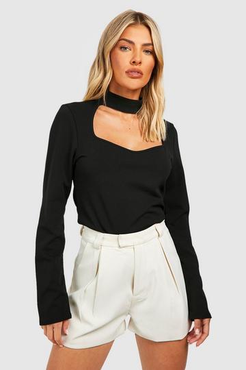 Jersey Knit Crepe Sweetheart Neck Detail Top black