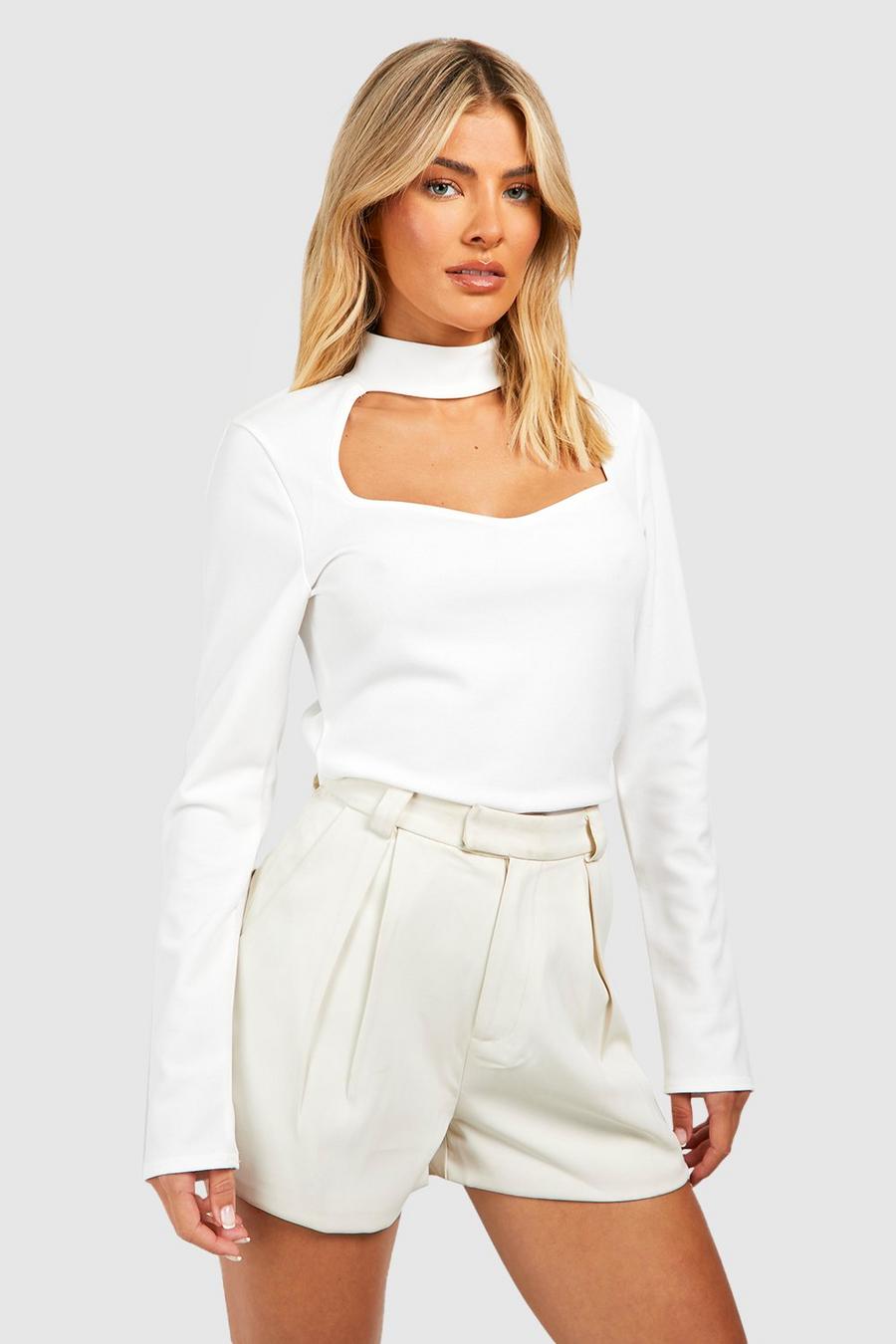 Cream white Jersey Crepe Sweetheart Neck Detail Top