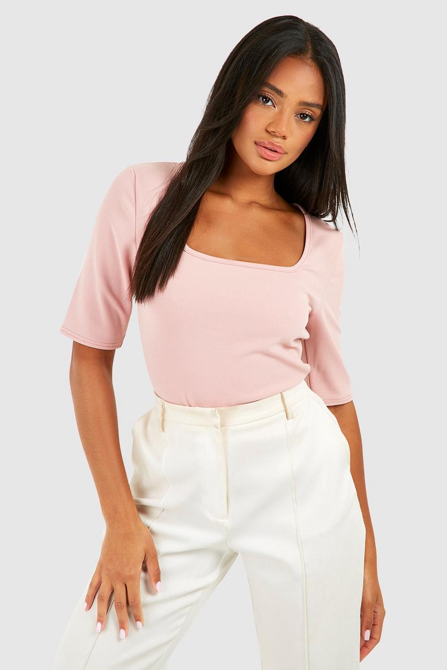 Dusty rose pink Jersey Knit Crepe Square Neck Half Sleeve Top
