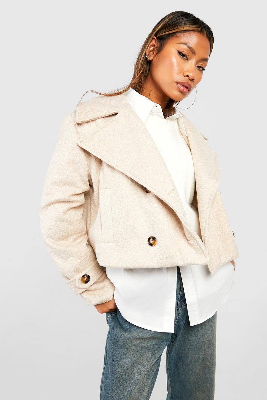 Oatmeal Textured Wool Look Crop Trench Coat image number 1