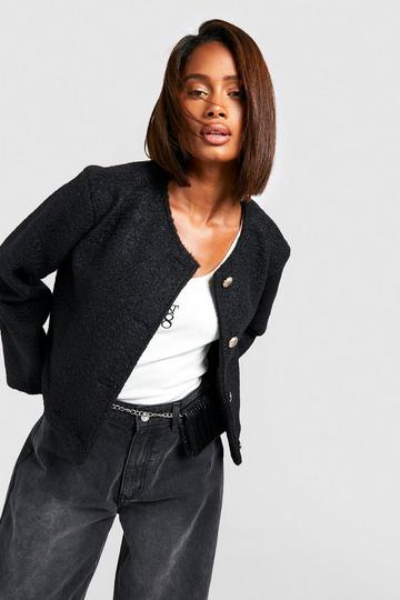 Black Collarless Textured Jacket