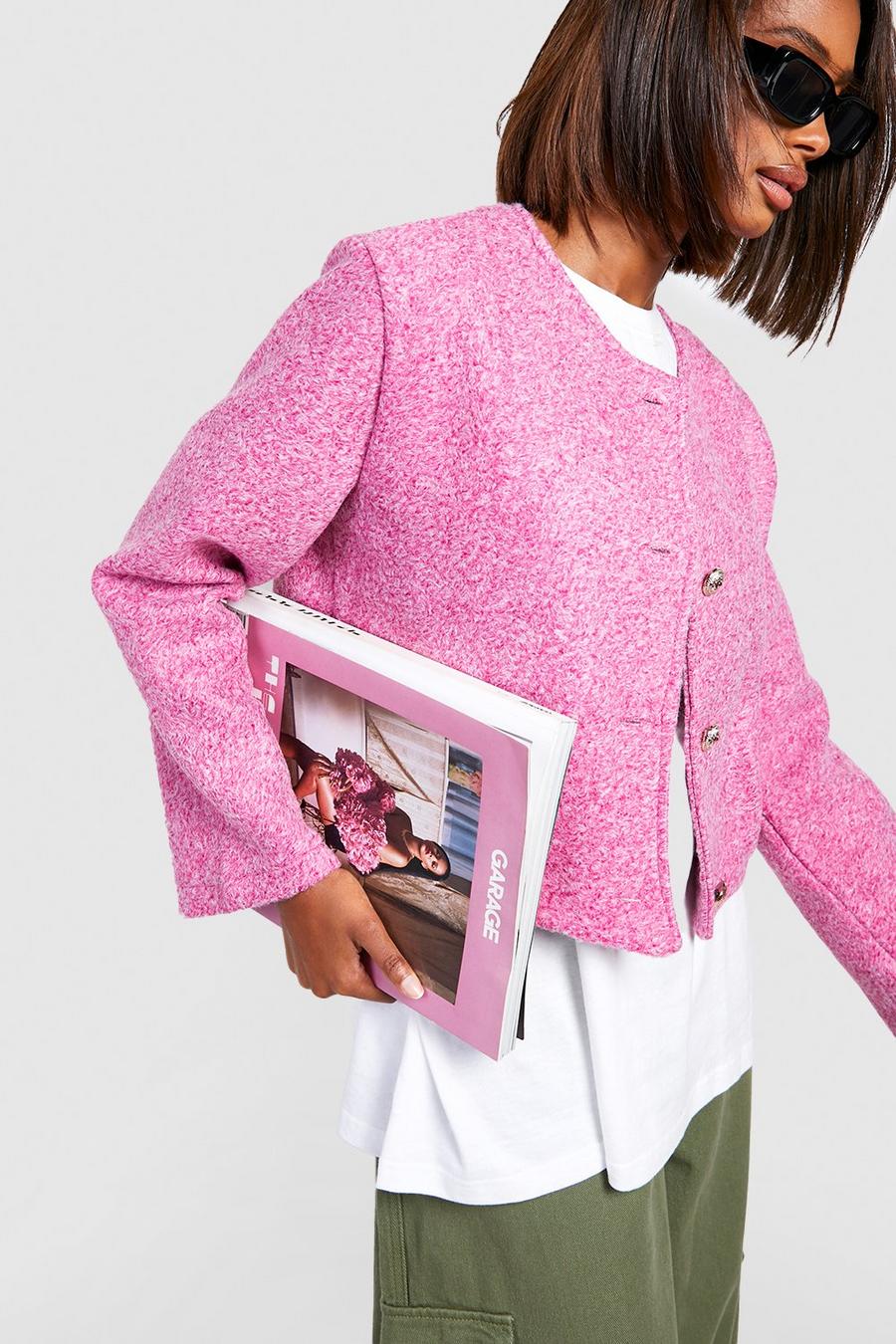 Hot pink Collarless Textured Jacket