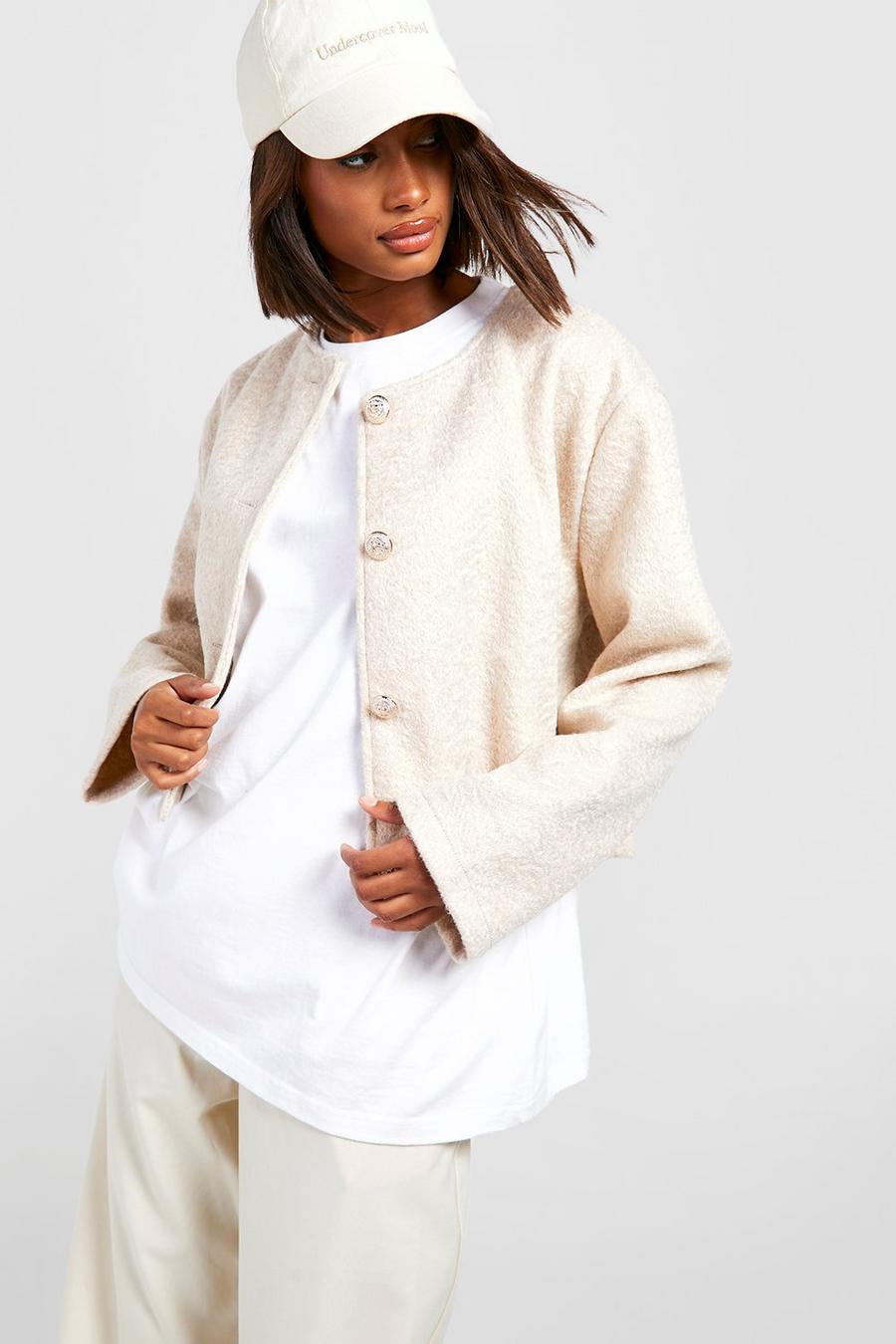 Oatmeal Collarless Textured Jacket image number 1