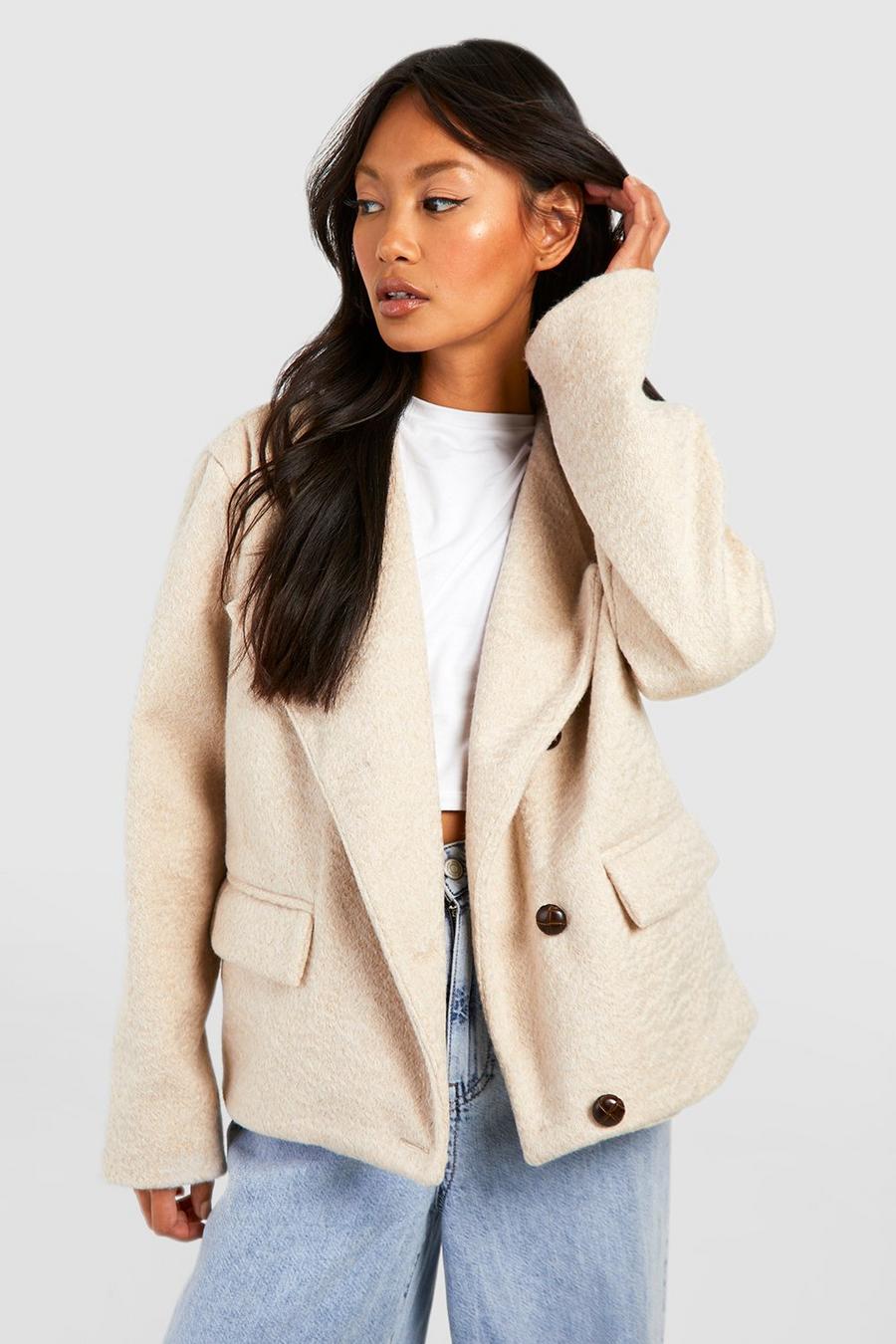 Oatmeal Collarless Asymmetric Textured Jacket image number 1