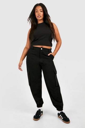 Plus High Waisted Denim Cargo Joggers black