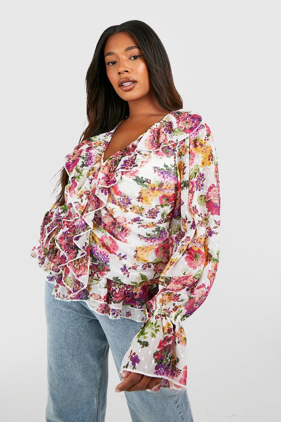 Ivory white Plus Floral Ruffle Front Dobby Mesh Blouse